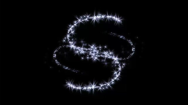 Magical white glitter stars, glowing fairy dust trail, pixie dust shimmer path, twinkling sparkle particles, curved magic light streak, doodle star burst animation black background. 4k video