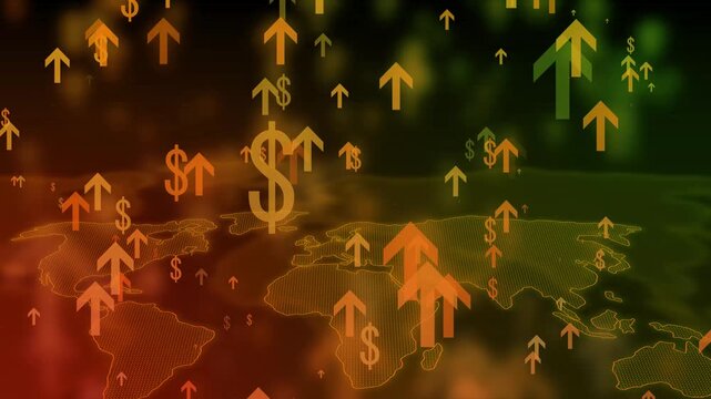 Blue world map with upward arrows and dollar signs, symbolizing global economic growth
