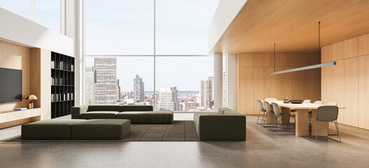 Obraz na płótnie Canvas Contemporary luxury apartment interior with warm wood walls, open living room, dining area, city skyline, and expansive windows. 3D Rendering