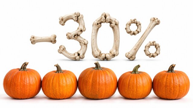 Row of orange pumpkins with 3D -30% discount made of skeleton bones, Halloween sale on white