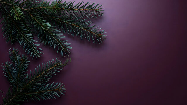Pine Sprigs on Deep Purple: A minimalist composition featuring dark green pine sprigs elegantly arranged against a rich, deep purple background.