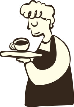 Hand Drawn Illustration of Waiter Serving Coffee