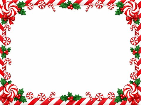 Christmas Candy Cane Border with Red White Stripes and Holly