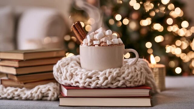 Cozy hot chocolate with marshmallows and cinnamon beside festive books, Christmas tree and glowing fireplace in a warm winter holiday living room