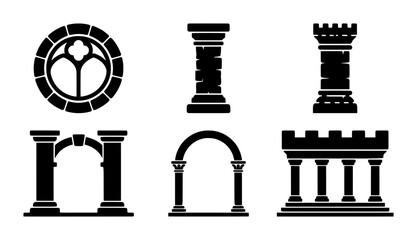Castle architectural elements silhouettes set with columns, arches and window for medieval design © Samira