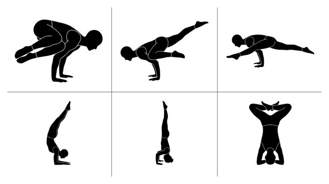 Yoga poses silhouettes set with crane, crow, side plank and headstand for fitness and sport