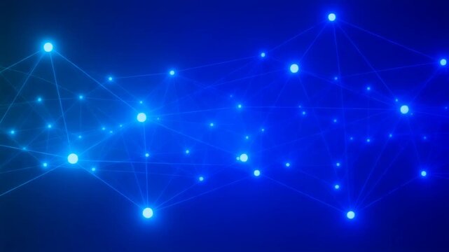 水色に輝く無数の点を細い線が結び深い青の空間に広がる通信網が情報のつながりを表す情景