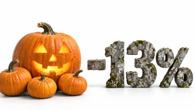 Jack-o-lantern and three pumpkins with 3D tombstone -13% discount, Halloween sale on white