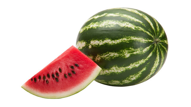 Whole round watermelon and a fresh triangular slice with black seeds