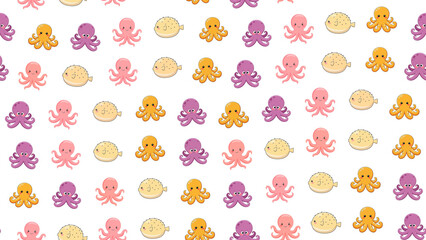 Orange, pink, and purple cartoon octopuses with yellow pufferfish © syiffaaulia