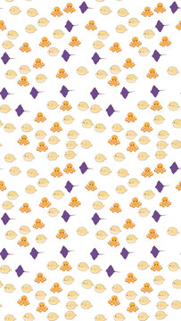 Seamless pattern of cartoon octopuses, pufferfish, and stingrays
