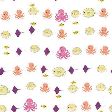 Seamless pattern of cartoon sea creatures