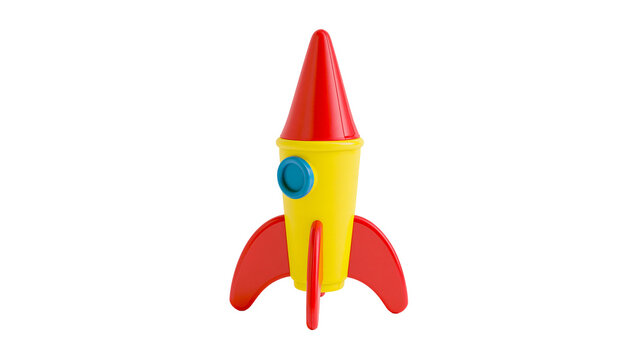 Colorful plastic toy rocket ship with red cone and yellow body