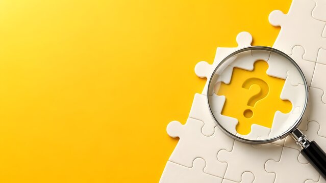 Magnifying glass focusing on a missing jigsaw puzzle piece revealing a question mark symbol on a bright yellow background, representing business strategy, problem solving, and curious discovery.
