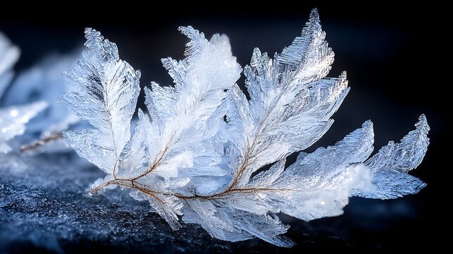 Macro of frost-covered fern leaves encased in ice on dark background