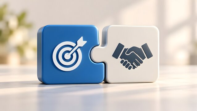 Conceptual image of two 3D puzzle pieces interlocking with target and handshake icons representing successful business partnership, strategic collaboration, and achieving corporate goals together.