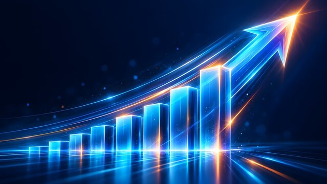 Conceptual 3D glowing blue and orange bar chart with a rising arrow symbolizing business growth, financial success, market increase, and future data analytics on a dark background.