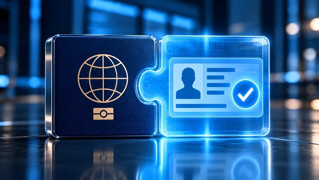 Conceptual illustration of digital identity verification and biometric passport security system using puzzle pieces to represent the integration of physical and digital travel documents.