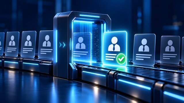 Futuristic automated recruitment and candidate screening process using artificial intelligence technology on a digital conveyor belt with glowing profile icons and verification status symbols.