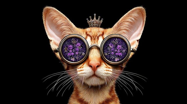 Stylized digital portrait of an orange cat wearing glasses and crown