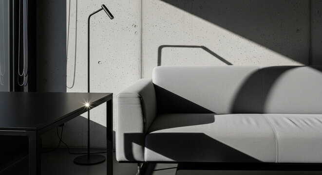 Sunlight falls across a cozy couch in a living room that features a slim floor lamp standing beside a dark wooden table while shadows stretch over the rough concrete surface of the inner wall