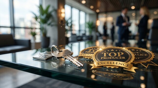 A shiny metal house key resting next to premium gold and black excellence award badges on a modern office desk, symbolizing real estate business success and top producer achievement.