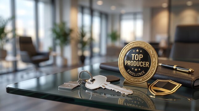 A shiny metal house key resting next to premium gold and black excellence award badges on a modern office desk, symbolizing real estate business success and top producer achievement.