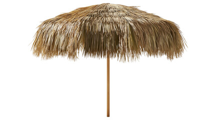 Natural dried palm leaf thatched tiki beach umbrella with wooden pole © Zuzana