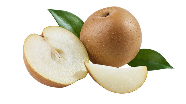 Whole and sliced fresh Asian pear with green leaves