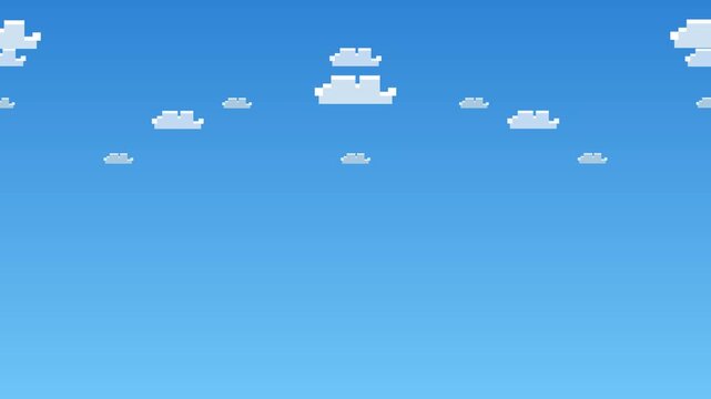 Pixel art clouds moving across a solid blue sky in a seamless horizontal loop animation