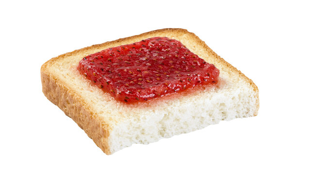 Toasted white bread slice topped with sweet red strawberry jam spread