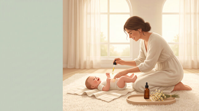 Caring mother applying gentle herbal oil drops with glass pipette on baby belly on soft rug stock photo&mdash;featuring infant colic massage, natural baby oil, morning nursery sunlight, and banner copy spac