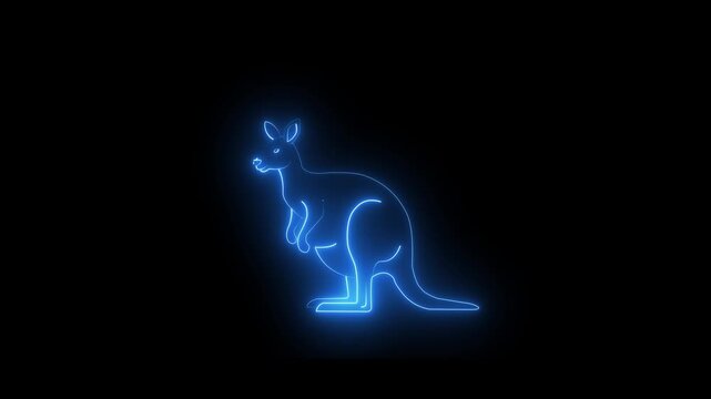 Neon glowing blue color kangaroo icon isolated on black background. 4k video animation.