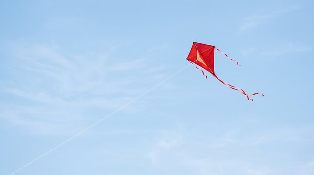 A vibrant red kite flies effortlessly and gracefully high above in a beautiful clear blue sky on a lovely