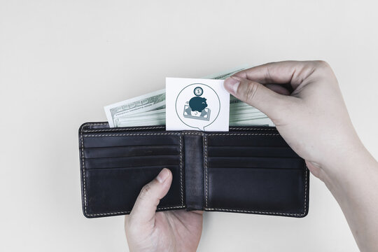 A hand pulls a piggy bank icon card from a wallet containing money. concepts of financial planning, budget management, and investing for the future.