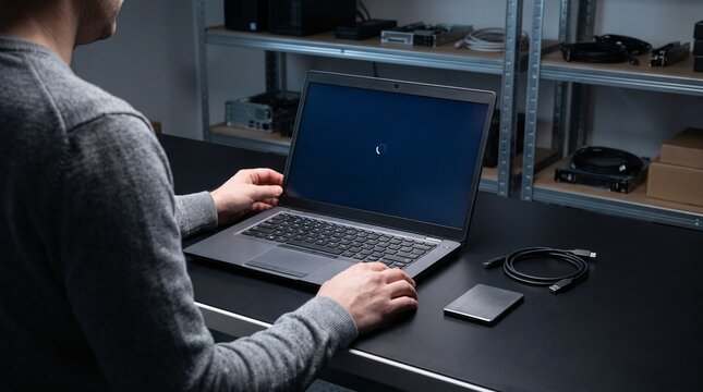 IT Technician Preparing Laptop Computer for Deployment and Checking System Startup at Technical Workbench with External Storage Drive and USB Cable in Equipment Room