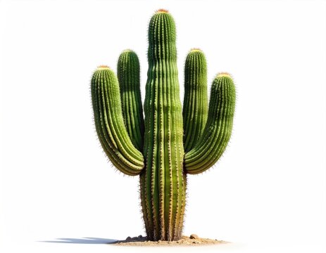 Tall, multi-armed green succulent with ridges and spikes on sandy ground