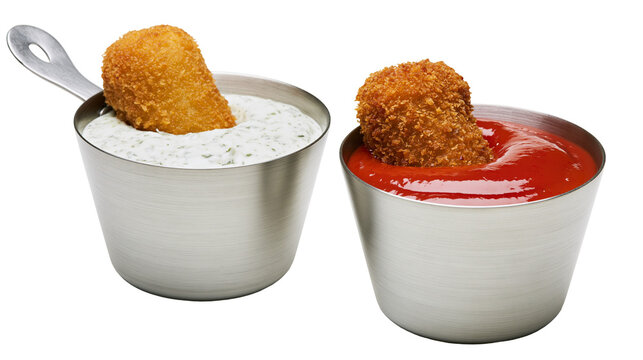 Crispy breaded chicken nuggets dipped in creamy herb sauce and red tomato ketchup