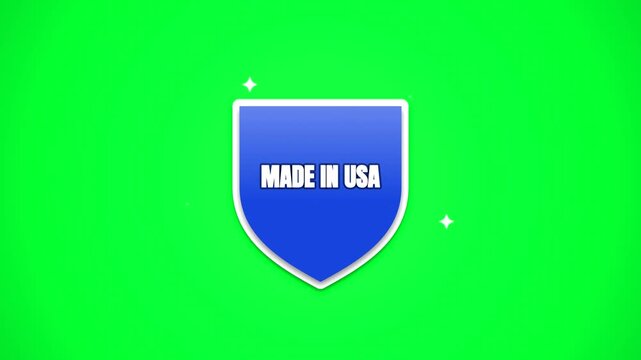 Made in USA shield icon animation on green screen background, blue product quality badge graphic, american origin emblem motion element