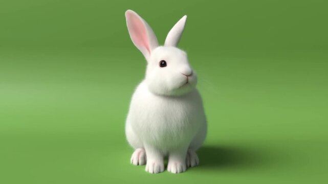 Realistic Fluffy White Rabbit Sitting Upright on Green Background Facing Camera with Pink Nose