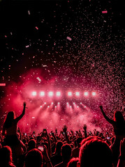 Fototapeta premium Cheering concert crowd with confetti and pink stage lights at night
