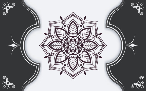 Black and white floral mandala on gray background framed by decorative borders.