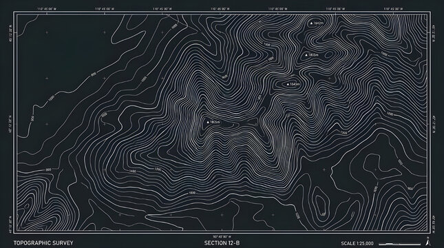 Topographic map contour lines graphic element isolated on dark