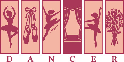Ballet Dancer Silhouette Art with Roses and Stage Curtains. © Riki