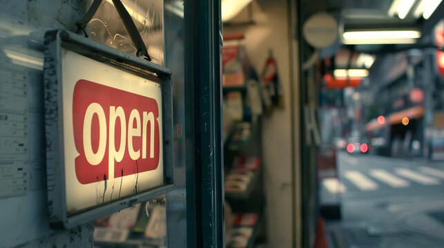 A weathered 'Open' sign hangs in a shop doorway, showing the store is open for business