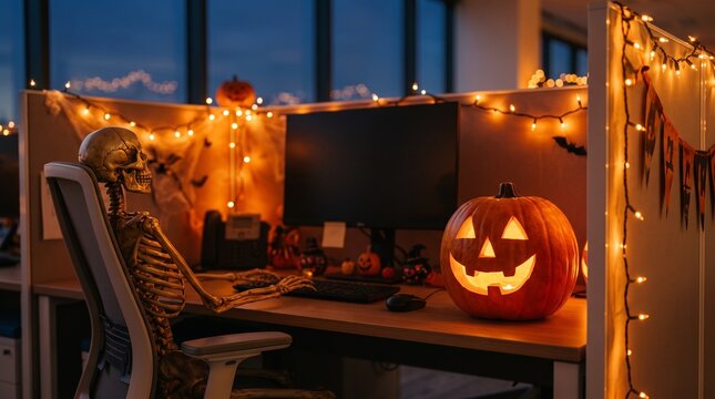 Human skeleton working at an office desk with halloween decorations