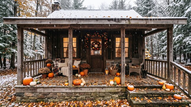Cozy wooden cabin porch decorated with pumpkins in first snow