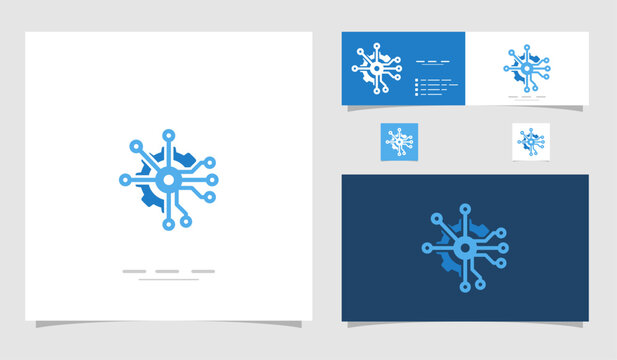 Blue abstract tech circuit node network logo design.