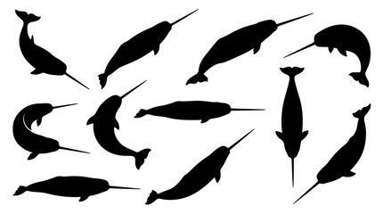 Collection of narwhal whale silhouettes isolated on white background © oldmanshaw
