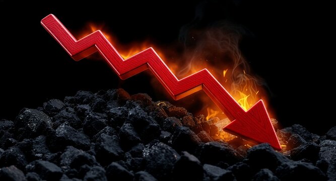 A metallic red arrow pointing downward into a pile of black coal chunks with bright flames and smoke, symbolizing a drop in energy prices, market crash, and declining fossil fuel industry.